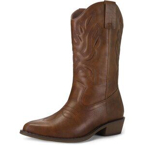 mysoft Women's Brown Western Cowboy Boots Mid Calf Pointed Toe Cowgirl Shoes